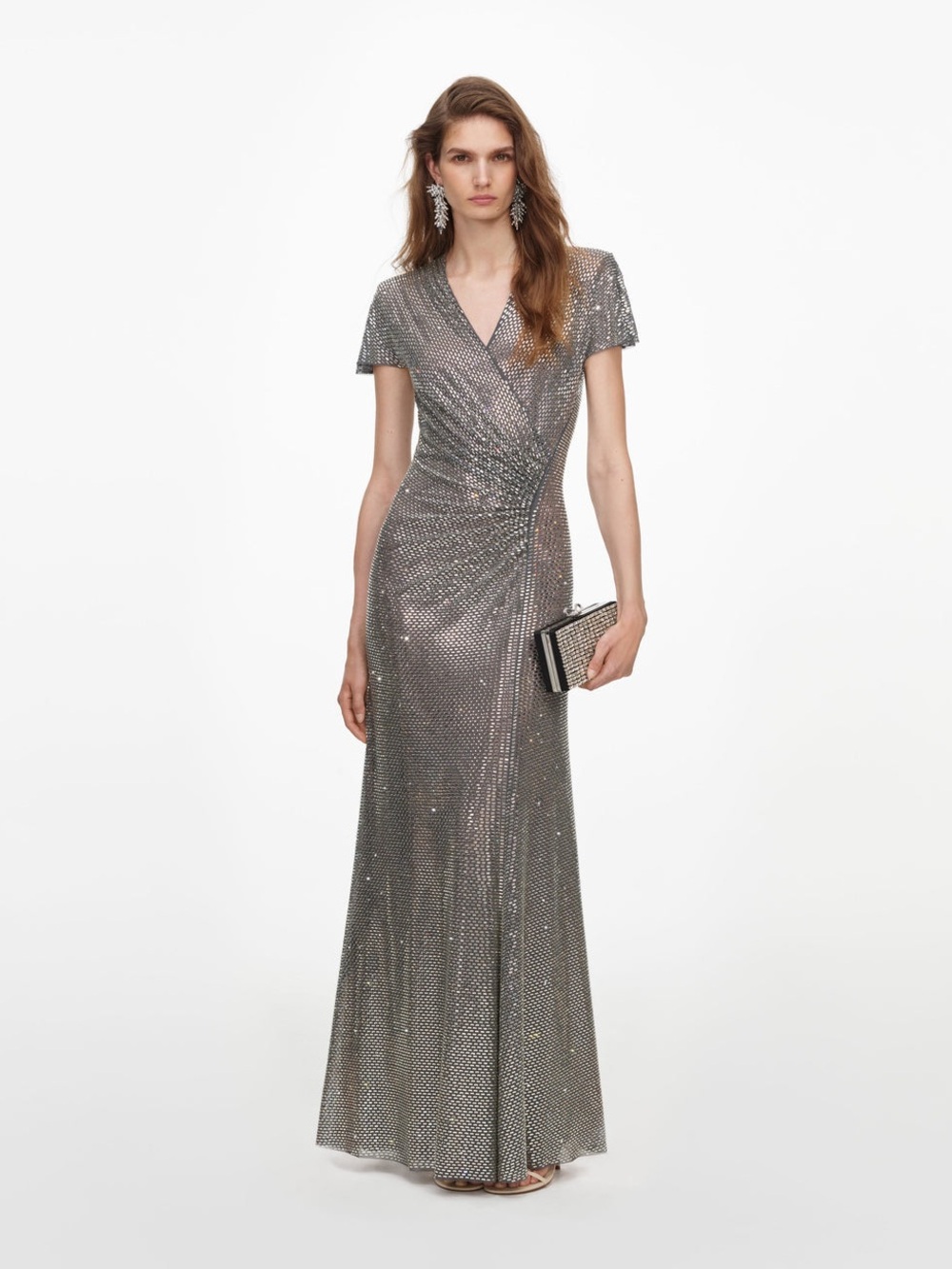 NWOT Self-Portrait Grey Rhinestone Mesh Maxi Dress, Size US 0/2/4/6/8